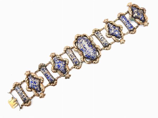 Yellow gold and silver bracelet with blue enamels