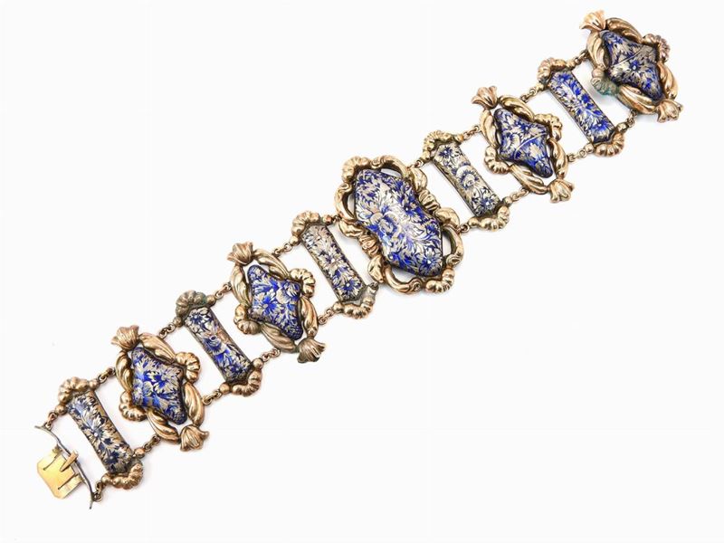 Bracciale in Oro Giallo e Argento con Smalti Blu