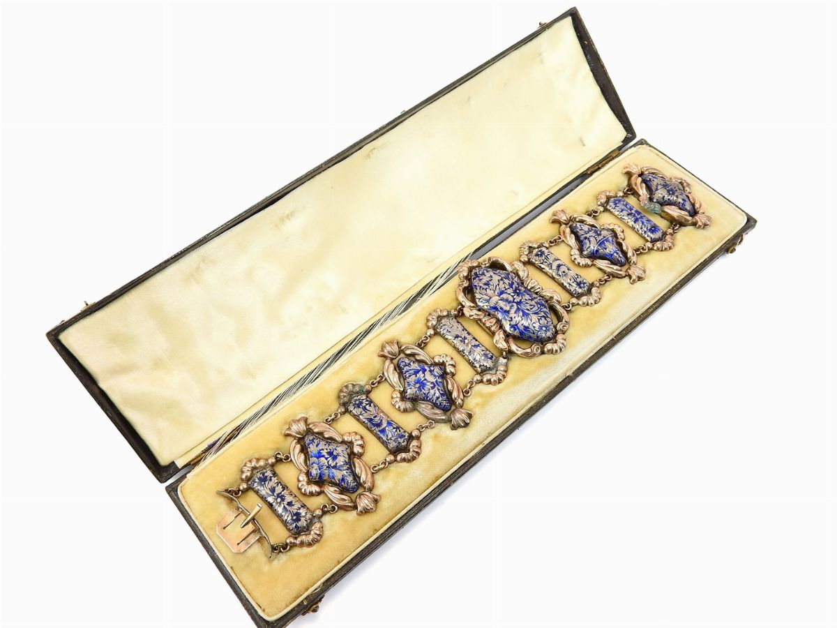 Bracciale in Oro Giallo e Argento con Smalti Blu
