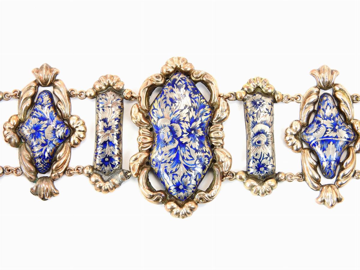Bracciale in Oro Giallo e Argento con Smalti Blu