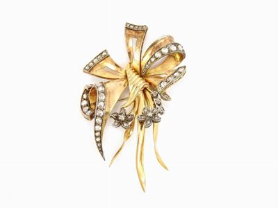 Spilla in Oro Giallo e Argento con Diamanti