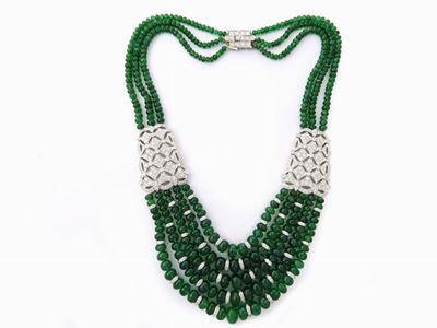 Collier in Oro Bianco, Diamanti e Smeraldi