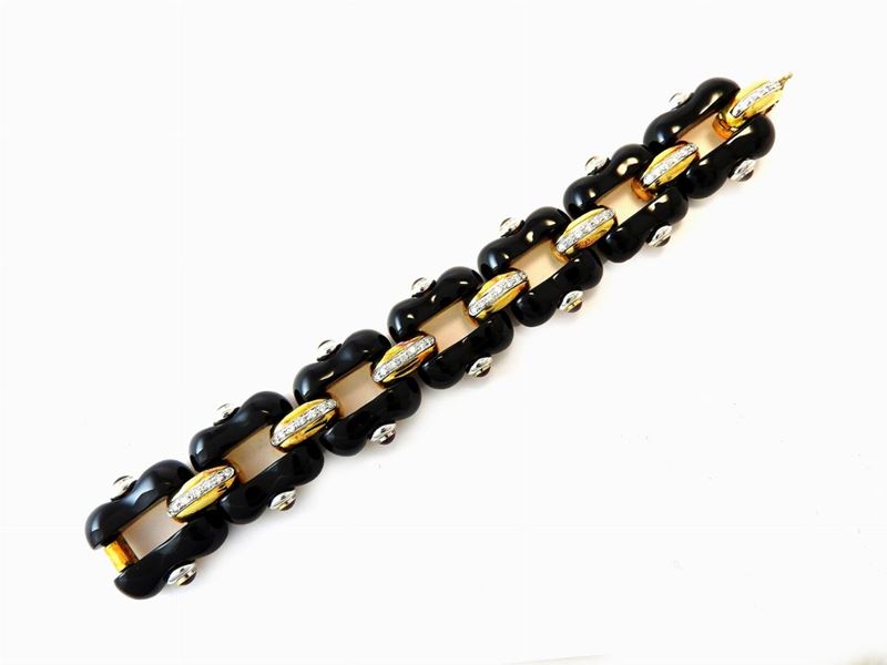 Bracciale in Oro Giallo e Bianco, Diamanti, Pietre Rosse e Onice