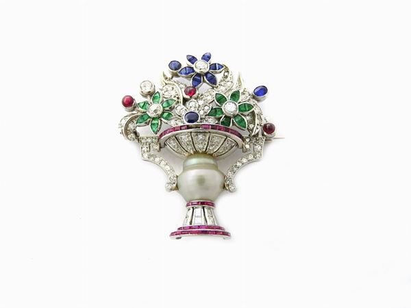 White gold brooch with diamonds, pearl, rubies, sapphires and emeralds