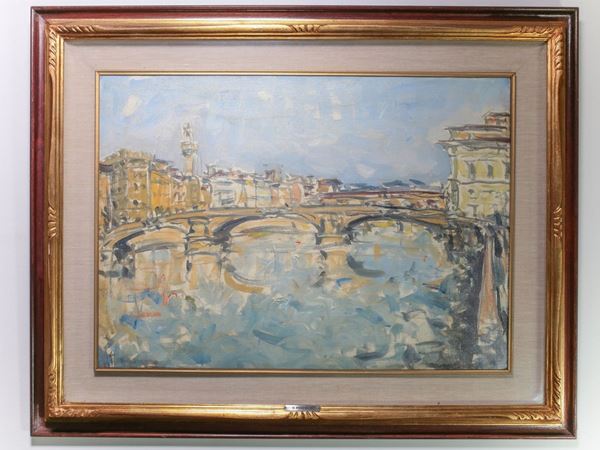 Enzo Pregno : View of the Santa Trinita Bridge in Florence  ((1898-1972))  - Auction House Sale: Furniture and Paintings from Villa Roseto  - Florence - II - II - Maison Bibelot - Casa d'Aste Firenze - Milano