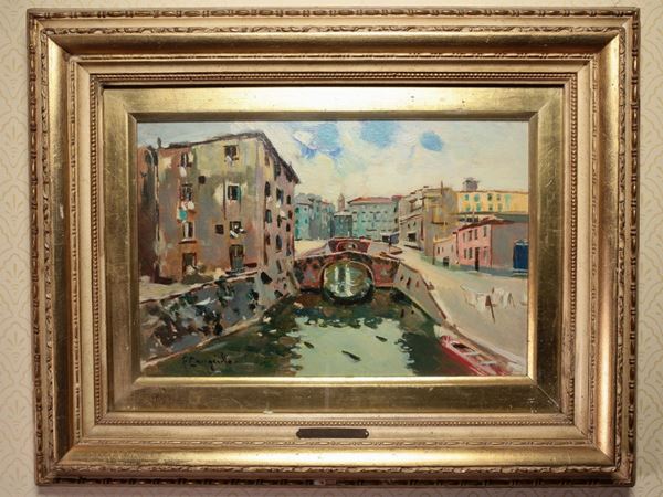 Francesco Cangiullo : View of Livorno  ((1884-1977))  - Auction House Sale: Furniture and Paintings from Villa Roseto  - Florence - II - II - Maison Bibelot - Casa d'Aste Firenze - Milano