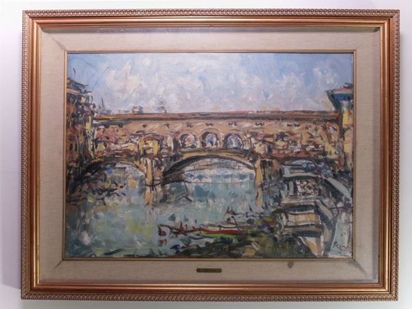 Enzo Pregno : View of the Ponte Vecchio in Florence  ((1898-1972))  - Auction House Sale: Furniture and Paintings from Villa Roseto - Florence - III - III - Maison Bibelot - Casa d'Aste Firenze - Milano