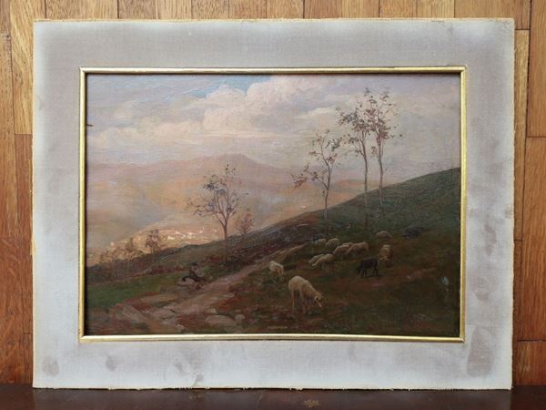 Ruggero Panerai : Mountain landscape with herds  ((1862-1923))  - Auction House Sale: Furniture and Paintings from Villa Roseto - Florence - III - III - Maison Bibelot - Casa d'Aste Firenze - Milano