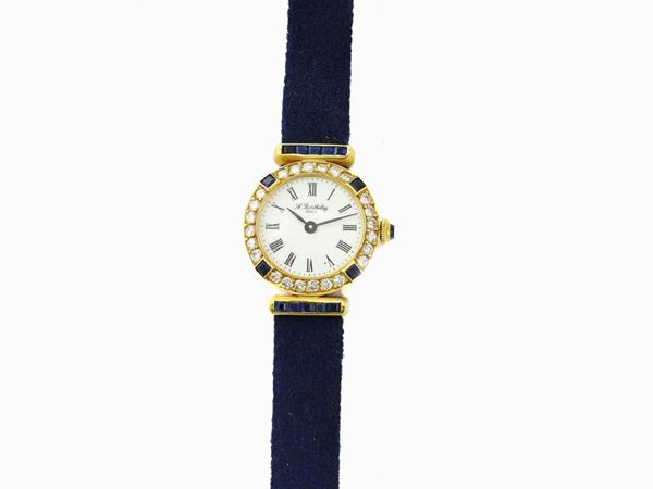 Yellow gold Alexis Barthelay ladies wristwatch with diamonds and sapphires
