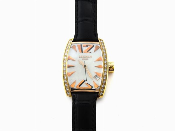Yellow gold Locman gentlemen wristwatch with diamonds and mother-of-pearl