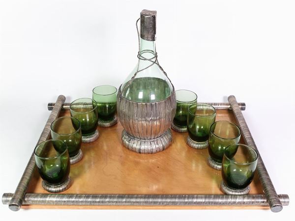 Servito da vino in vetro verde di Empoli e argento