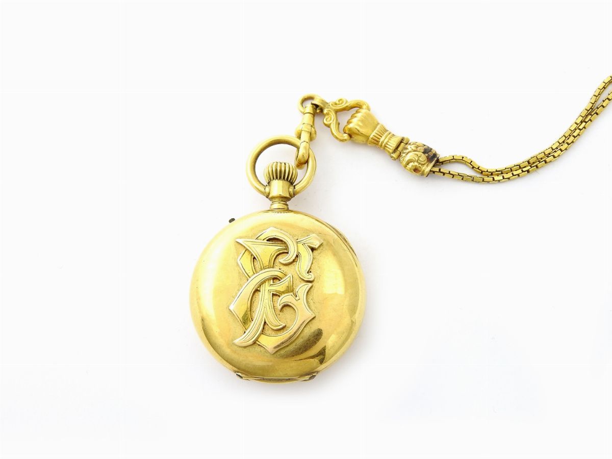 Orologio da Tasca in Oro Giallo B. Introvini con Catena in Oro Giallo