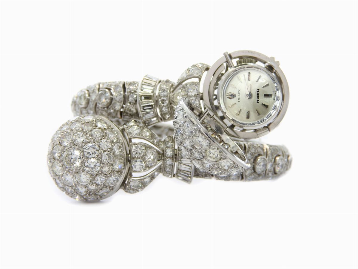 Bracciale Orologio Elastico per Donna Rolex in Platino e Diamanti
