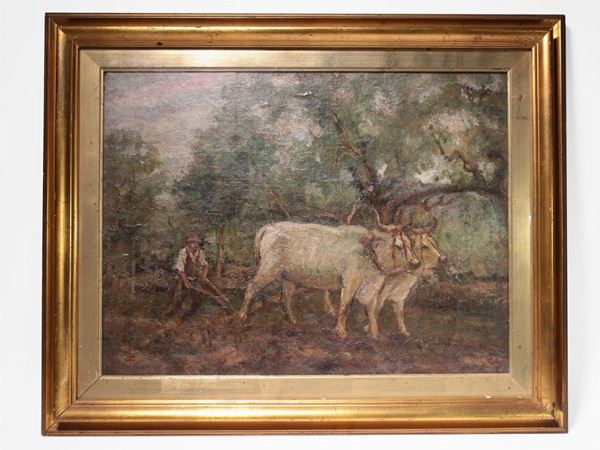 Cesare Ciani : Farmer with carriage with oxen  ((1854-1925))  - Auction Furniture and Oldmaster painting / Modern and Contemporary Art - I - Maison Bibelot - Casa d'Aste Firenze - Milano