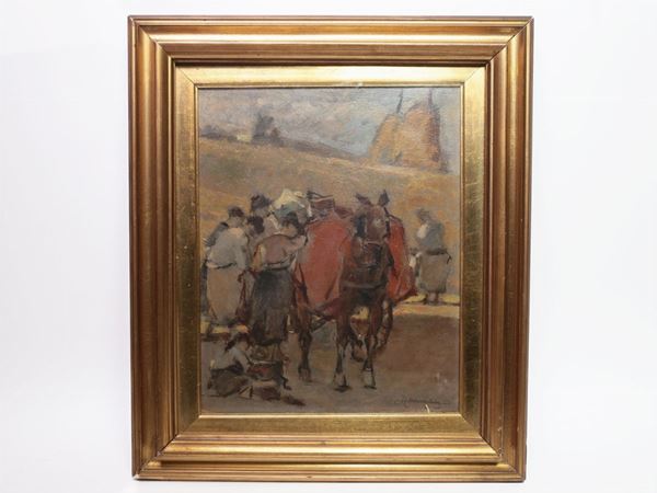 Ludovico Tommasi : Country landscape with carriage and farmers  ((1866-1941))  - Auction House Sale: Furniture and Paintings from Villa Roseto - Florence - III - III - Maison Bibelot - Casa d'Aste Firenze - Milano
