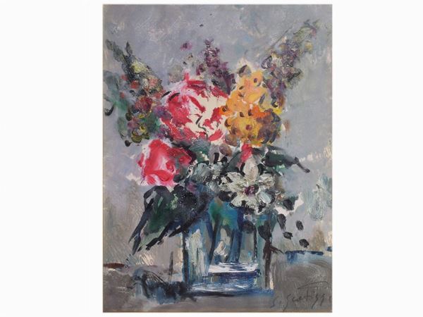 Sergio Scatizzi : Flowers in a vase  ((1918-2009))  - Auction House Sale: Furniture and Paintings from Villa Roseto - Florence - III - III - Maison Bibelot - Casa d'Aste Firenze - Milano
