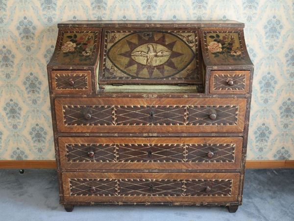 A lacquered softwood fall front chest of drawers  (Tirolo, end of 18th century)  - Auction Furniture, silverware,  old master paintings and curiosity - Maison Bibelot - Casa d'Aste Firenze - Milano