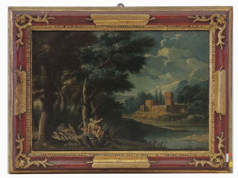 Scuola Veneta del XVIII Secolo - Paesaggio Fluviale con Personaggio e Veduta di Castello sullo Sf...