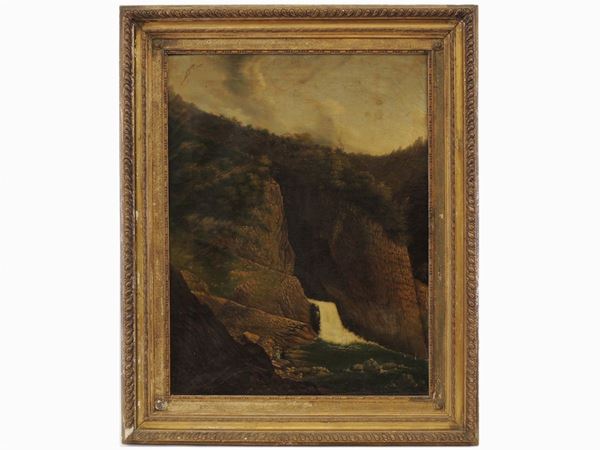 Scuola napoletana del XIX secolo - Landscape with waterfall and figures