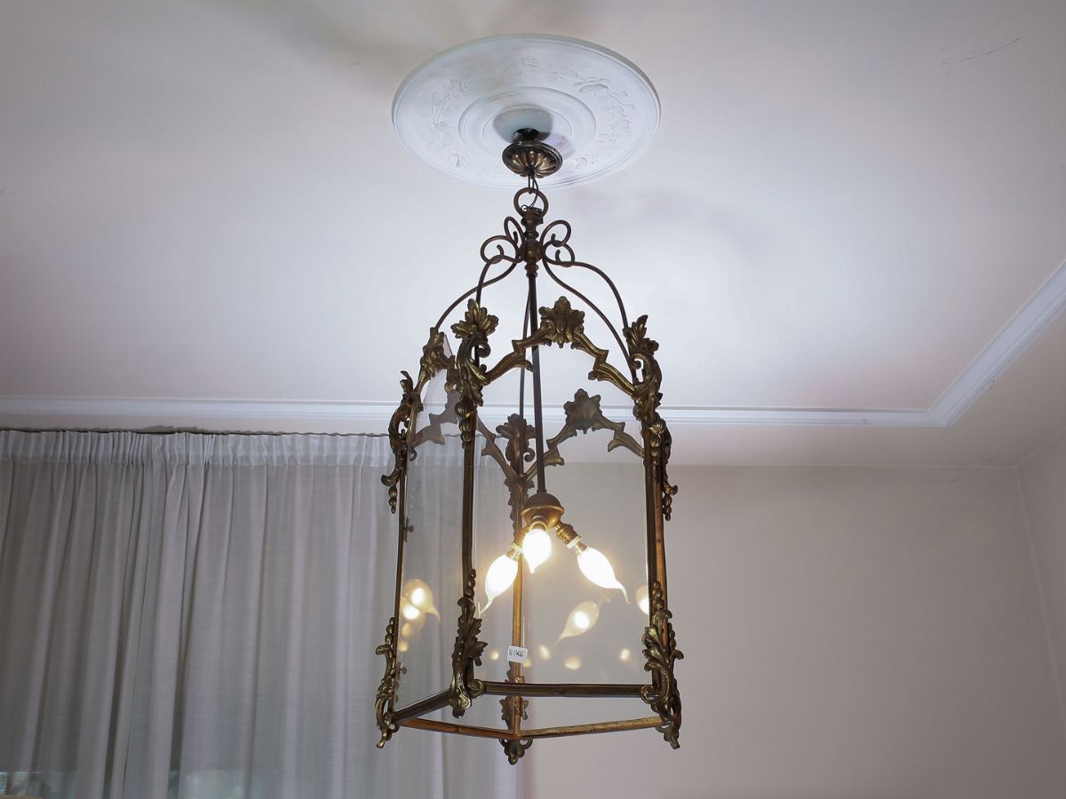 Lampadario a Lanterna in Bronzo Dorato