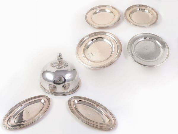 A group of ten silverplated dishes