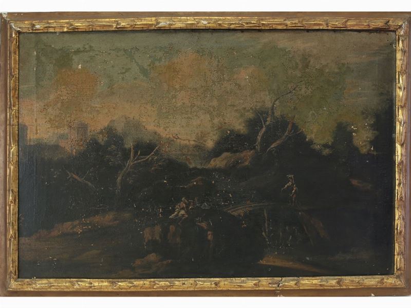 Scuola Genovese del XVII/XVIII Secolo - Paesaggio Fluviale con Personaggi
