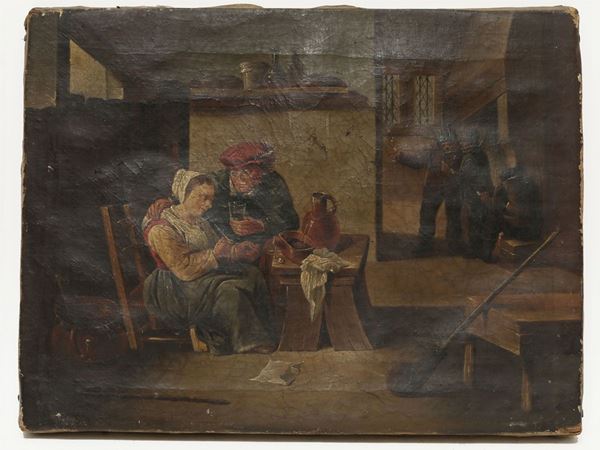 Maniera della pittura olandese del Seicento, XIX/XX secolo - Interno di taverna con personaggi