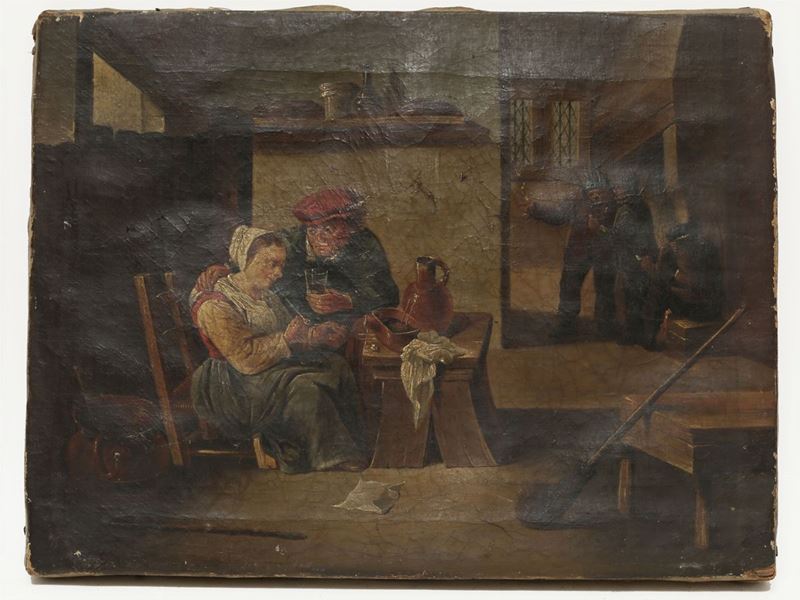 Maniera della Pittura Olandese del Seicento, XIX/XX Secolo - Interno di Taverna con Personaggi
