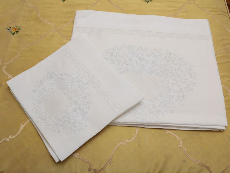 Parure per Letto Matrimoniale in Puro Lino Bianco, Artigianato Fiorentino