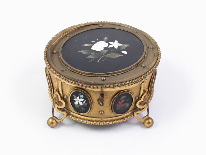 Scatola in Metallo Dorato e Pietra Dura, Manifattura G.torrini