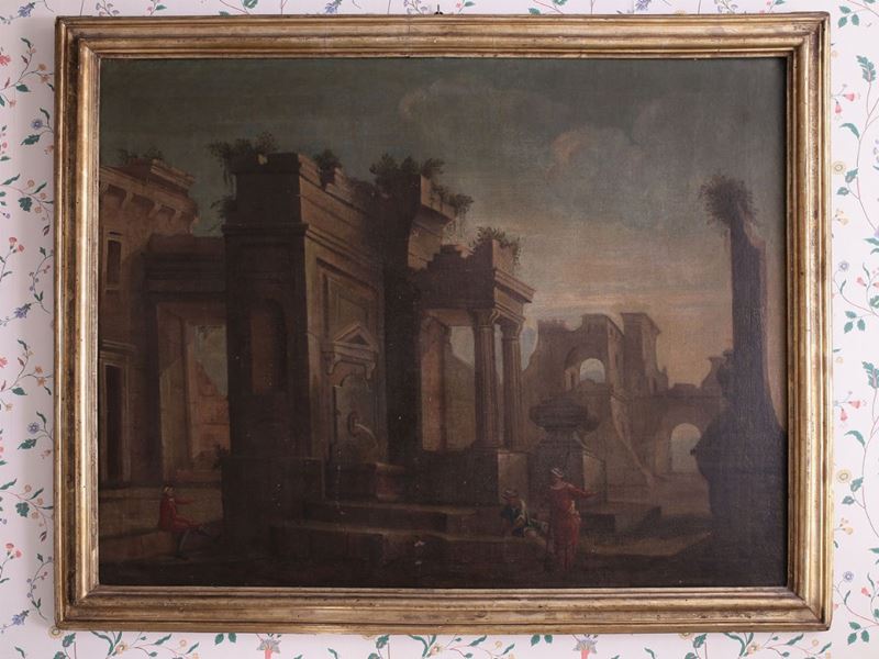 Cerchia di Viviano Codazzi, XVII Secolo - Paesaggio con Capriccio di Rovine Romane e Personaggi