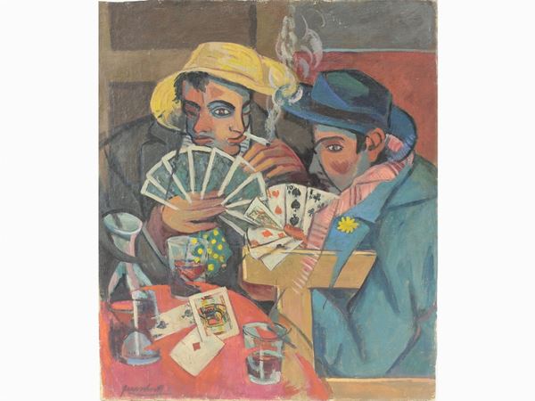 Quinto Martini : Giocatori di carte 1942  ((1908-1990))  - Asta Arredi e dipinti antichi  / Arte moderna e contemporanea - I - Maison Bibelot - Casa d'Aste Firenze - Milano
