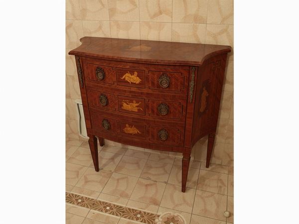 A rose wood and other woods small chest of drawers