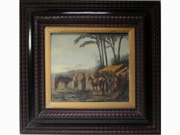 Pittore orientalista della fine del XIX secolo - Paesaggio con personaggi e cavalli