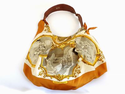 Borsa Artigianale a Spalla in Seta Hermès, Pelle e Coccodrillo
