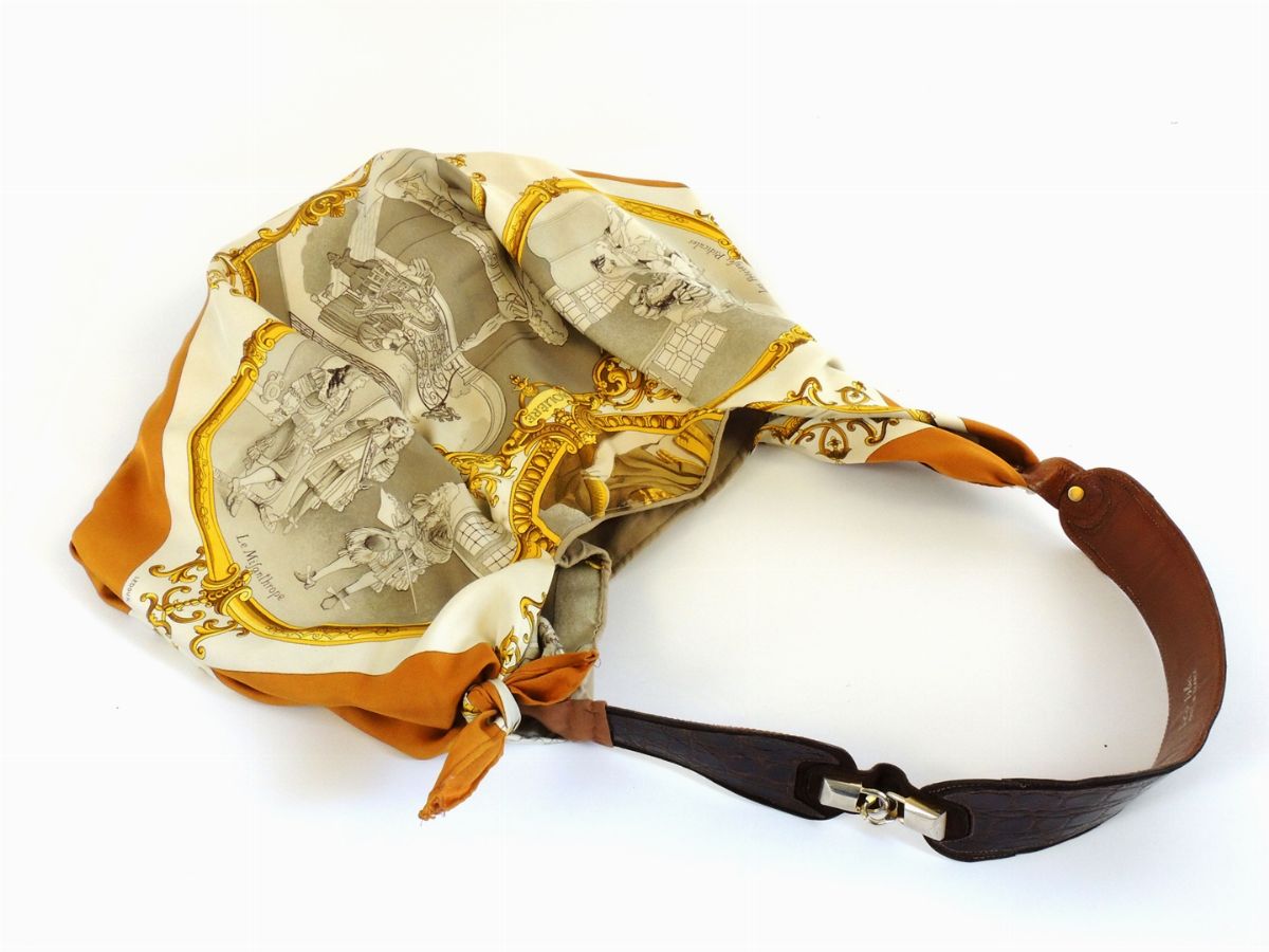 Borsa Artigianale a Spalla in Seta Hermès, Pelle e Coccodrillo