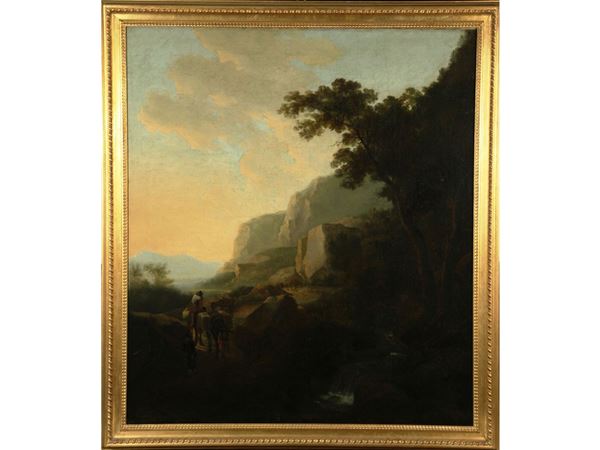 Scuola napoletana del XVII/XVIII secolo - Paesaggio fluviale con personaggi
