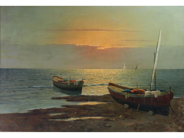 Sunset seascape with boats  (begin of 20th century)  - Auction Lazzi's House - first part Furniture, paintings, Murano glass, curiosities - Maison Bibelot - Casa d'Aste Firenze - Milano
