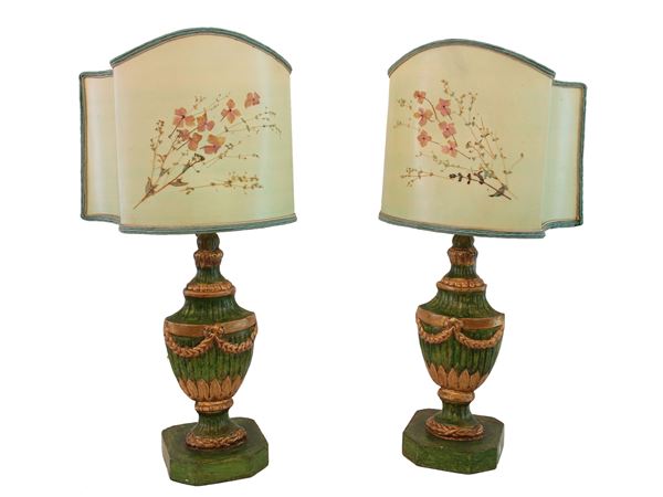 Pair of table lamps with green and golden lacquered wooden bases