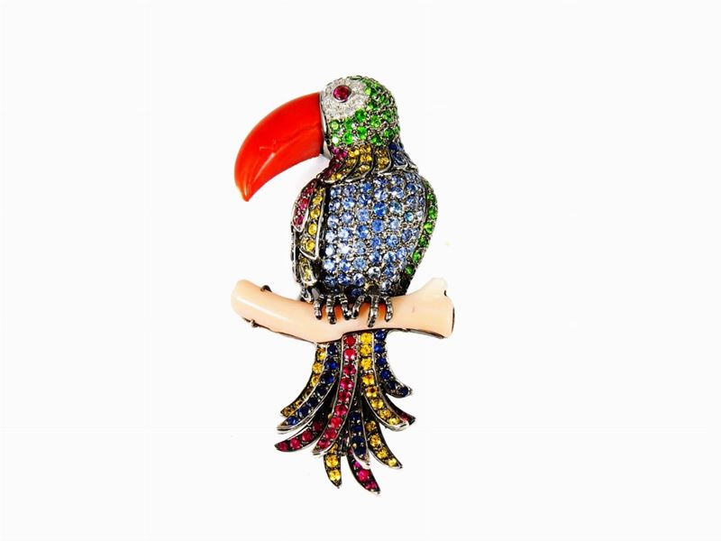 Spilla Animalier in Oro Brunito con Diamanti, Coralli Rosa e Rosso, Corindoni e Granati Tsavorite