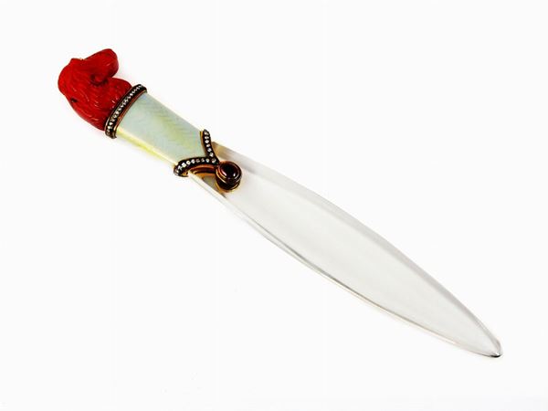 Yellow gold paper knife with diamonds, enamels, rock crystal, jasper and garnets