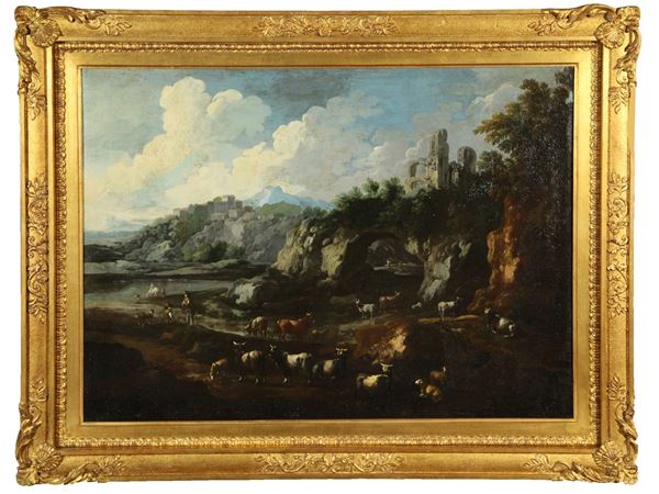 Cerchia di Domenico Brandi - Paesaggio fluviale con pastori e armenti