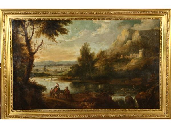 Scuola francese del XVIII/XIX secolo - Paesaggio fluviale con personaggi