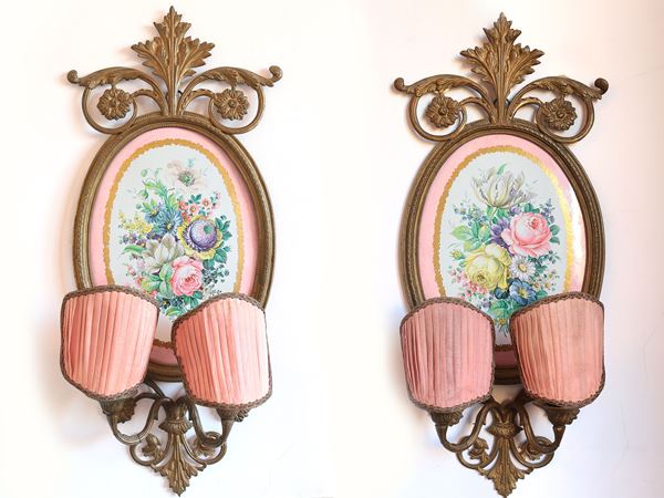Pair of gilded metal and porcelain appliques
