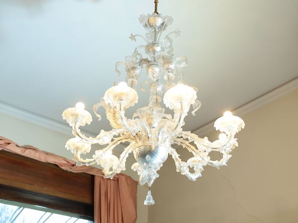 Lampadario in vetro soffiato incolore di Murano