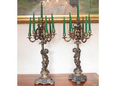 Coppia di Candelabri in Antimonio Dorato e Patinato