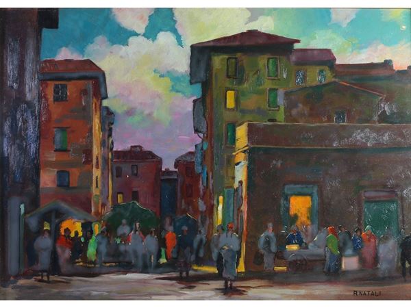 Renato Natali : View of Livorno with figures  - Auction Lazzi's House - first part Furniture, paintings, Murano glass, curiosities - Maison Bibelot - Casa d'Aste Firenze - Milano