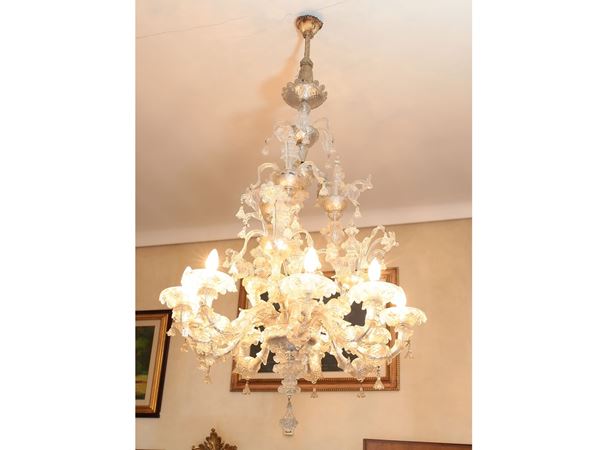 Lampadario in vetro soffiato incolore di Murano