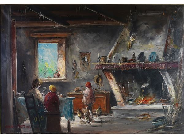 Mario Fattori : Tuscan life scene  - Auction Lazzi's House - first part Furniture, paintings, Murano glass, curiosities - Maison Bibelot - Casa d'Aste Firenze - Milano