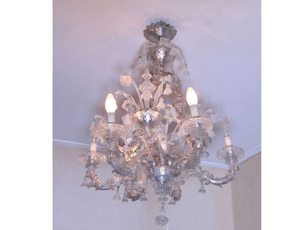 Colorless blown glass chandelier, Barovier and Toso  (Murano, 1960s)  - Auction Lazzi's House - first part Furniture, paintings, Murano glass, curiosities - Maison Bibelot - Casa d'Aste Firenze - Milano
